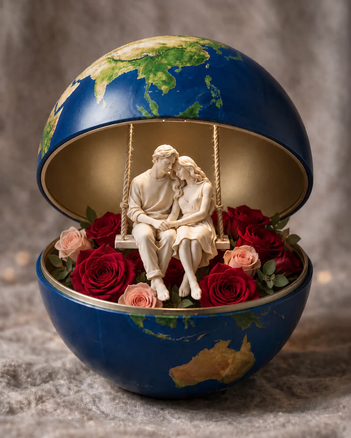 Ekvatordan açılmış ETERNOVA Globe; içinde salıncakta oturan çift figürü ve güller.